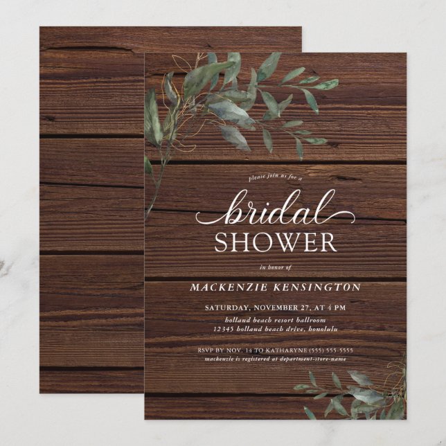 Rustic Wood Chic Eucalyptus Greenery Bridal Shower Invitation (Front/Back)