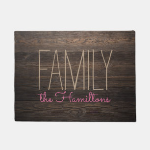Rustic WOOD Chic Family Monogram GREY AND PINK Doormat