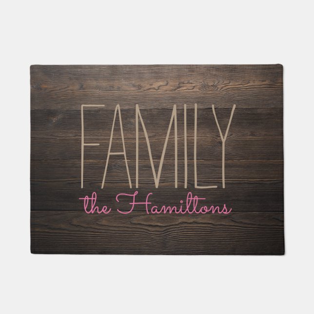 Rustic WOOD Chic Family Monogram  GREY AND PINK Doormat (Front)
