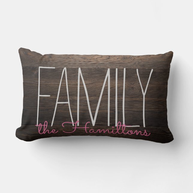 Rustic  wood Chic Family Monogram IN PINK Lumbar Pillow (Front)