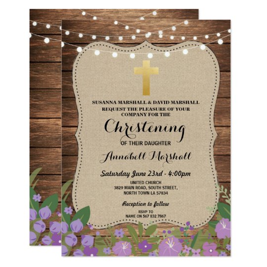 Rustic Wood Christening Baptism Floral Burlap Invitation | Zazzle.com