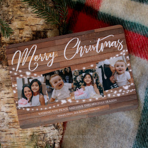 Rustic Wood Christmas 5 Photo String Lights Holiday Card