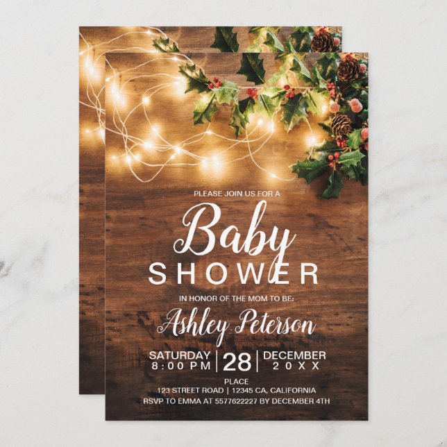 Rustic wood Christmas baby shower mistletoe light Invitation (Front/Back)