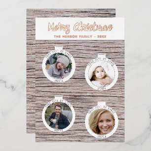 Rustic Wood Christmas Balls Family Photo Collage Foil Holiday Card