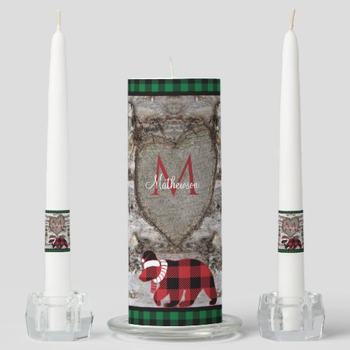 Rustic Wood Christmas Bear Family Monogram Plaid U Unity Candle Set