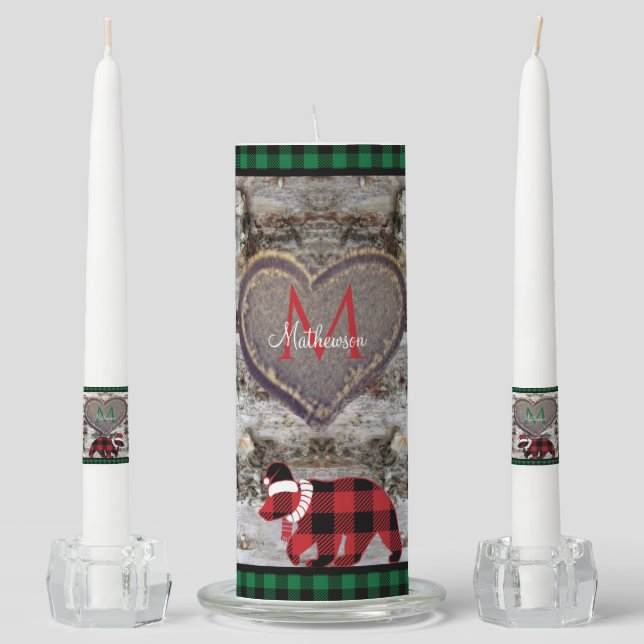 Rustic Wood Christmas Bear Family Monogram Plaid Unity Candle Set (Front)