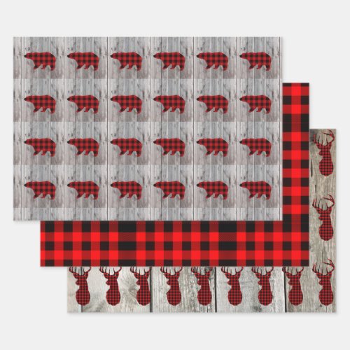 rustic wood christmas deer bear red buffalo check wrapping paper sheets