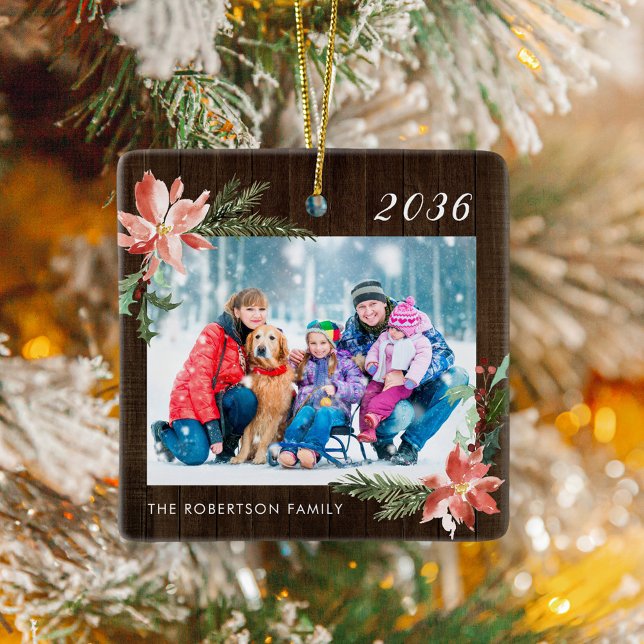  Rustic Wood Christmas Family Photo Ceramic Ornament (Creator Uploaded)