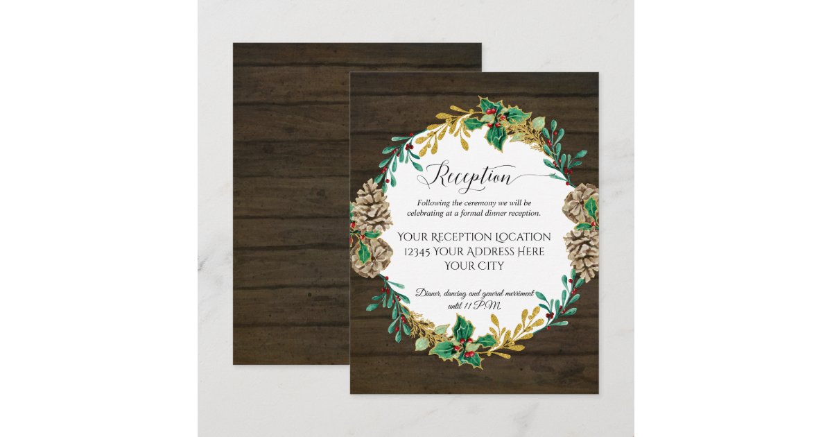 Rustic Wood Christmas Greenery Wedding Reception Invitation | Zazzle