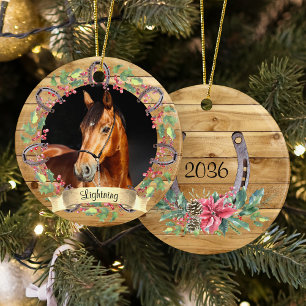Rustic Wood Christmas Horse Photo Personalized Ceramic Ornament
