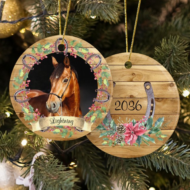 Rustic Wood Christmas Horse Photo Personalized Ceramic Ornament (Creator Uploaded)