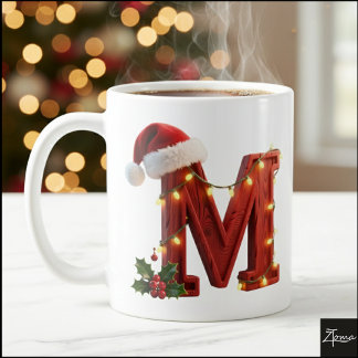Rustic Wood Christmas Letter M String Lights Coffee Mug