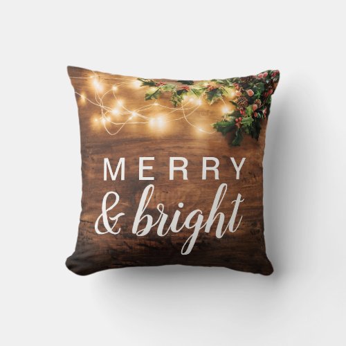Rustic wood Christmas Merry bright mistletoe light Throw Pillow