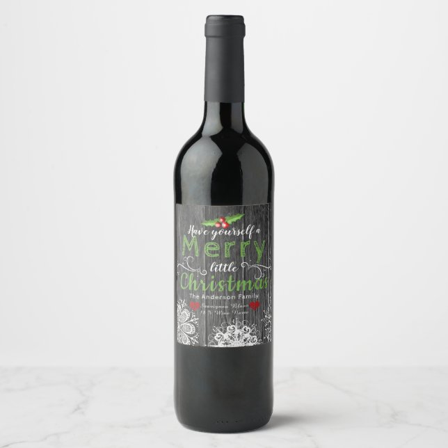 Rustic Wood | Christmas Mistletoe & Snowflakes Wine Label (Front)