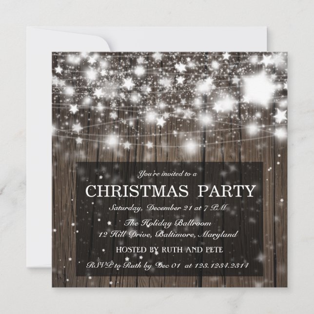 Rustic Wood Christmas Party Shining Stars Invitation (Front)