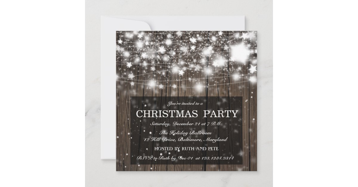 Rustic Wood Christmas Party Shining Stars Invitation | Zazzle