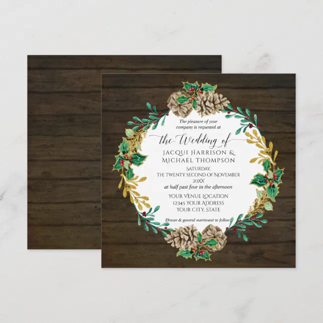 Rustic Wood Christmas Pine Cone Greenery Wedding Invitation | Zazzle