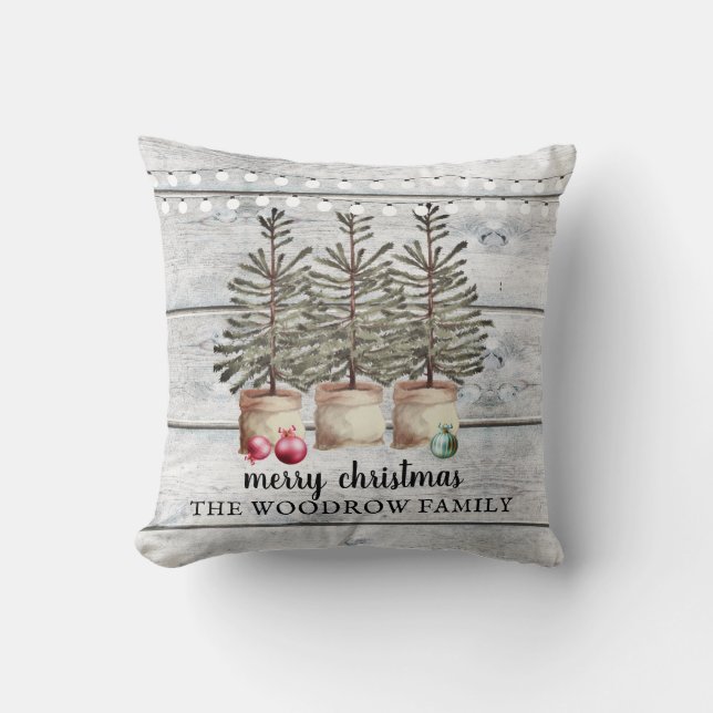 Rustic Wood Christmas Pine Trees String Lights Throw Pillow (Front)
