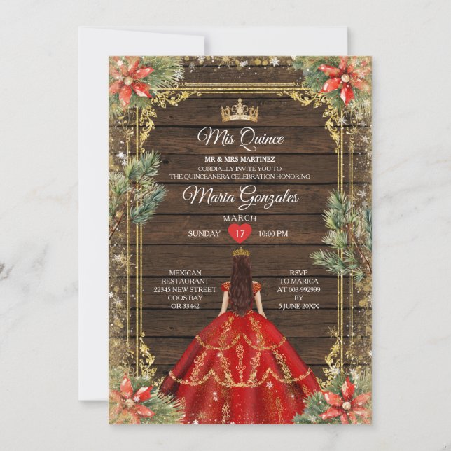 Rustic Wood Christmas Red Princess Mis Quince Invitation (Front)