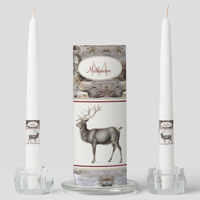 Rustic Wood Christmas Reindeer Family Monogram  Unity Candle Set (Front)