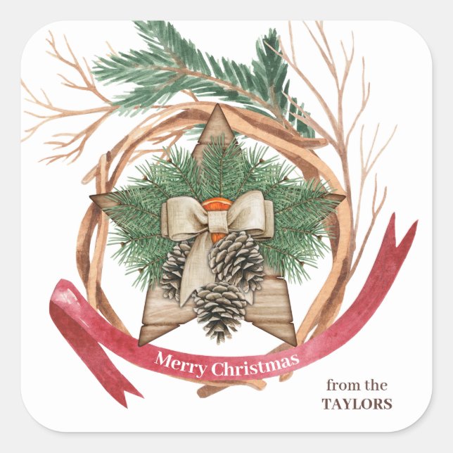 Rustic Wood Christmas Star Twig Wreath Square Sticker (Front)