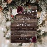 Rustic Wood Christmas String Lights Wedding  Invitation<br><div class="desc">This Rustic Wood Christmas winter wedding invitation is perfect for an elegant barn holiday wedding. The design features beautiful watercolor white and burgundy florals with pine, holy berry and eucalyptus greenery on a wood background. This is a perfect color scheme for a winter wedding. Make this invitation your own by...</div>