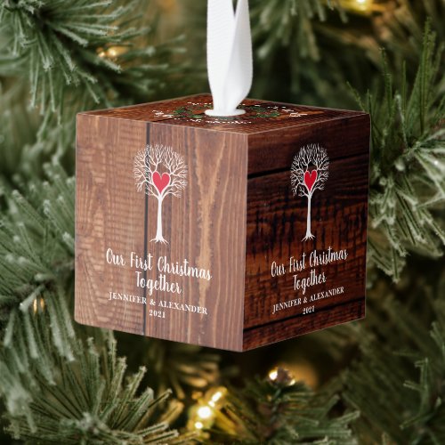 Rustic wood christmas together love tree cube ornament