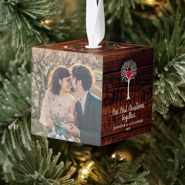 Rustic wood christmas together love tree photo cube ornament (Tree)