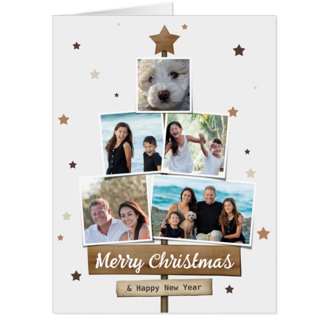 Rustic Wood Christmas Tree | 5 Photos Collage Card (Front)