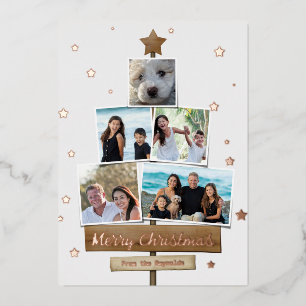 Rustic Wood Christmas Tree 5 Photos Collage Foil Holiday Card