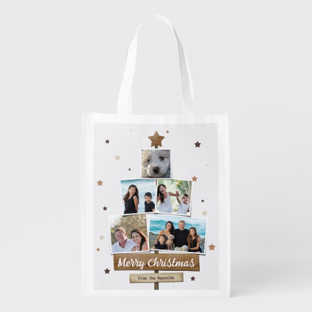 Rustic Wood Christmas Tree | 5 Photos Collage Grocery Bag (Front)