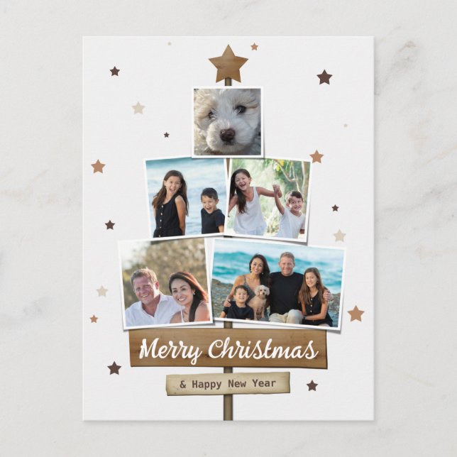 Rustic Wood Christmas Tree | 5 Photos Collage Holiday Postcard (Front)