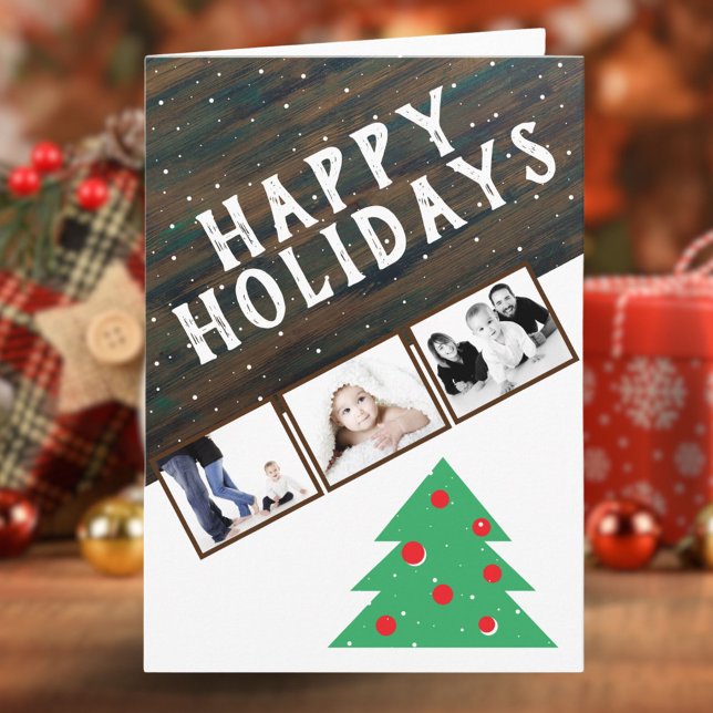 Rustic Wood Christmas Tree Red 3 Photo Christmas Card (Creator Uploaded)