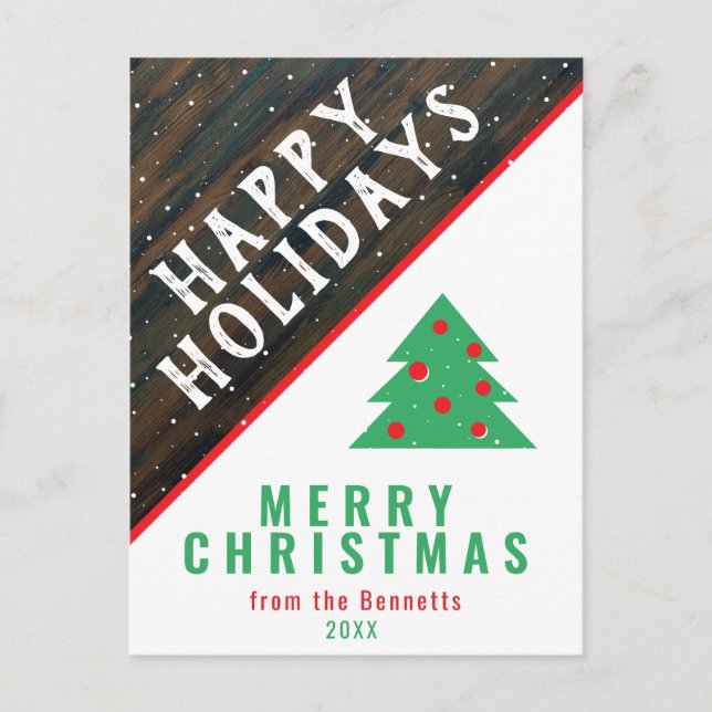 Rustic Wood Christmas Tree Red Name Christmas Holiday Postcard (Front)