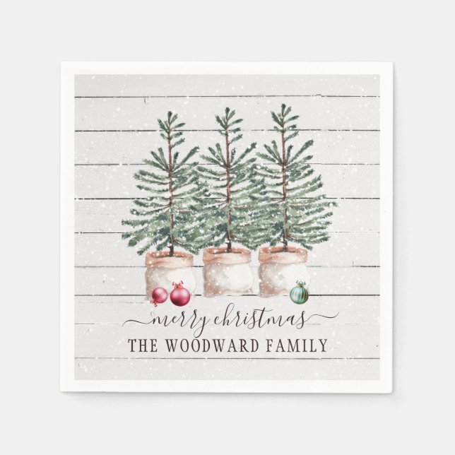 Rustic Wood Christmas Trees Family Name  Napkins (Front)