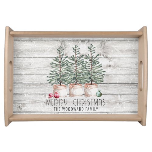 Rustic Wood Christmas Trees Family Name  Serving Tray