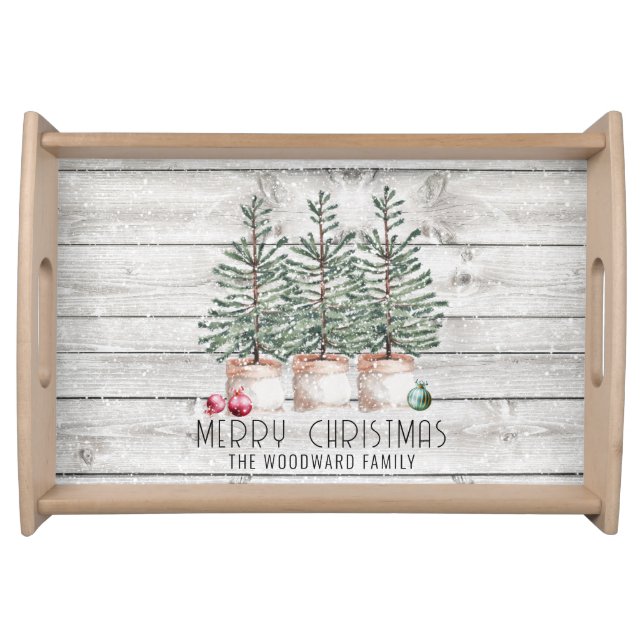 Rustic Wood Christmas Trees Family Name  Serving Tray (Front)
