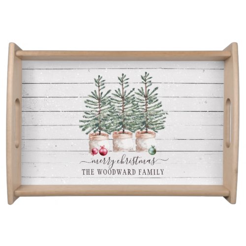 Rustic Wood Christmas Trees Family Name Serving Tray