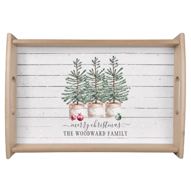 Rustic Wood Christmas Trees Family Name Serving Tray (Front)