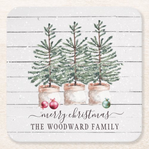 Rustic Wood Christmas Trees Family Name  Square Paper Coaster