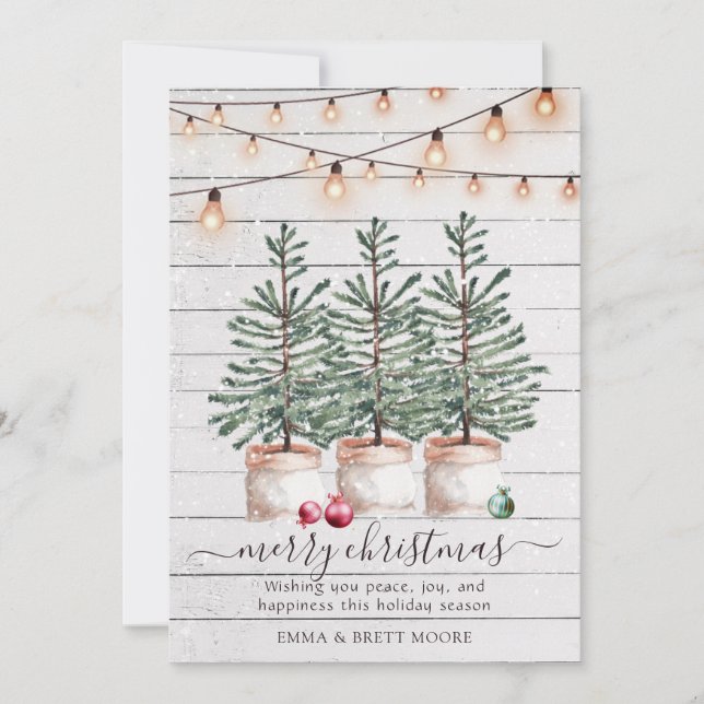 Rustic Wood Christmas Trees String Lights Holiday Card (Front)