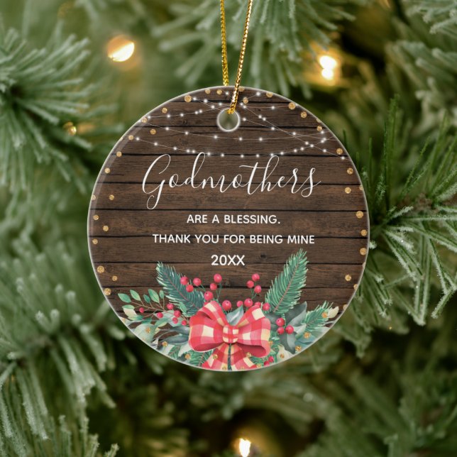 Rustic Wood Christmas Winter Wreath Godmothers Ceramic Ornament (Tree)
