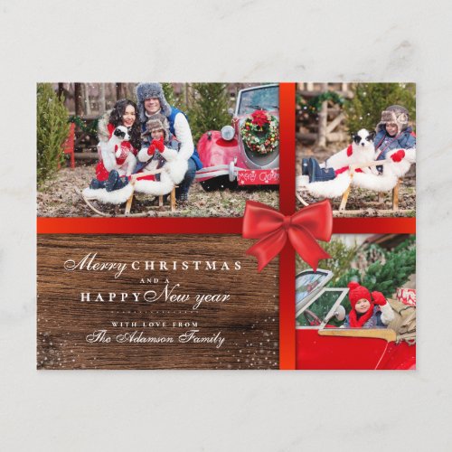 Rustic Wood  Christmas Wrapping  3 Photo Collage Postcard