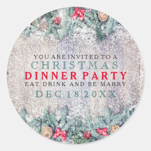 Rustic Wood Christmas Wreath Dinner Invite Classic Round Sticker