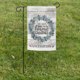 Rustic Wood Christmas Wreath Family Name Holiday Garden Flag