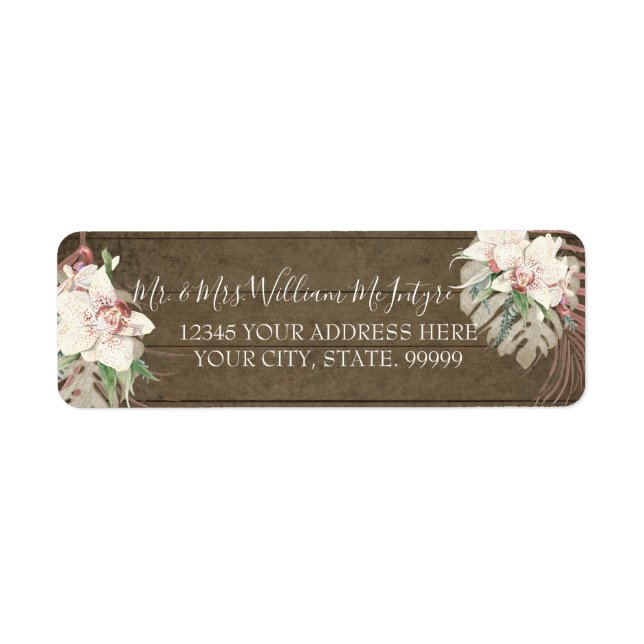 Rustic Wood Classy Floral Tropical Foliage Wedding Label (Front)