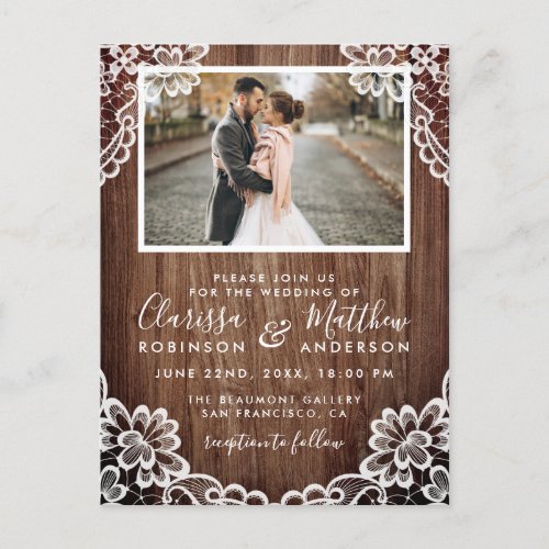 Rustic Wood  Classy Lace Wedding Photo Invitation Postcard