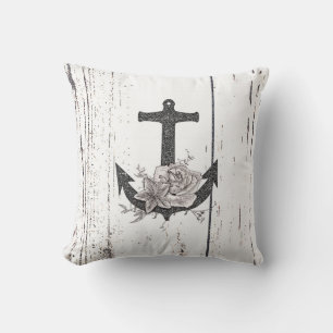 Rustic Wood Coastal Beach Anchor Vintage Floral Throw Pillow