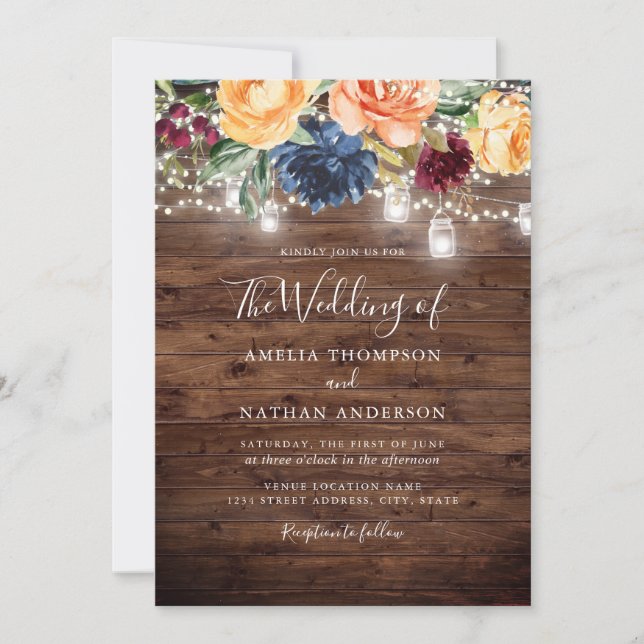 Rustic Wood Color Floral Lights Wedding Invitation (Front)