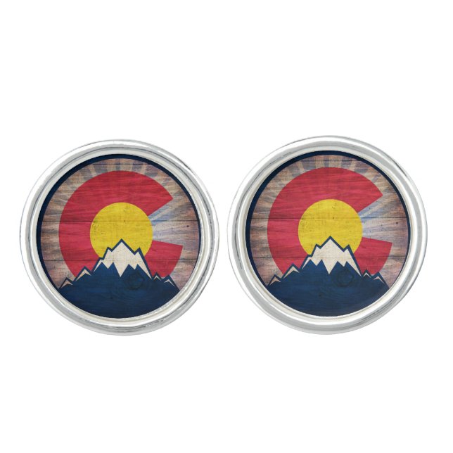 Rustic wood Colorado flag mountains cufflinks (Front)
